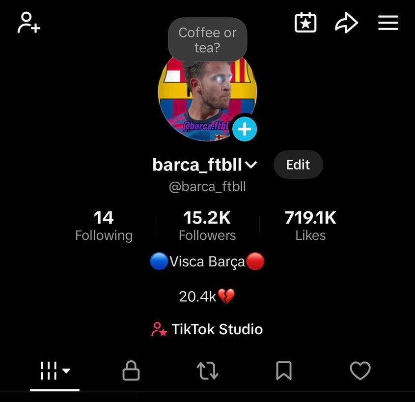 The @barca_ftbll TikTok profile, showing 15.2K followers and 719.1K likes.