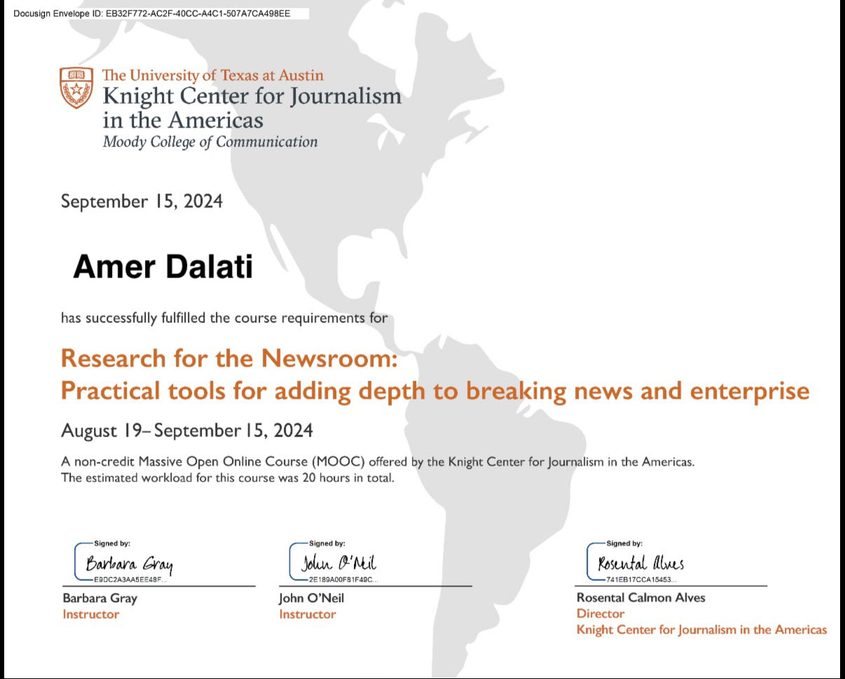 Certificate from the Knight Center for Journalism in the Americas awarded to Amer Dalati.