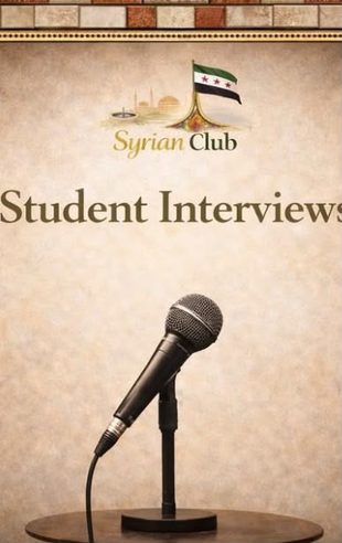 Title card reading “Student Interviews” with the Syrian Club logo and a microphone.